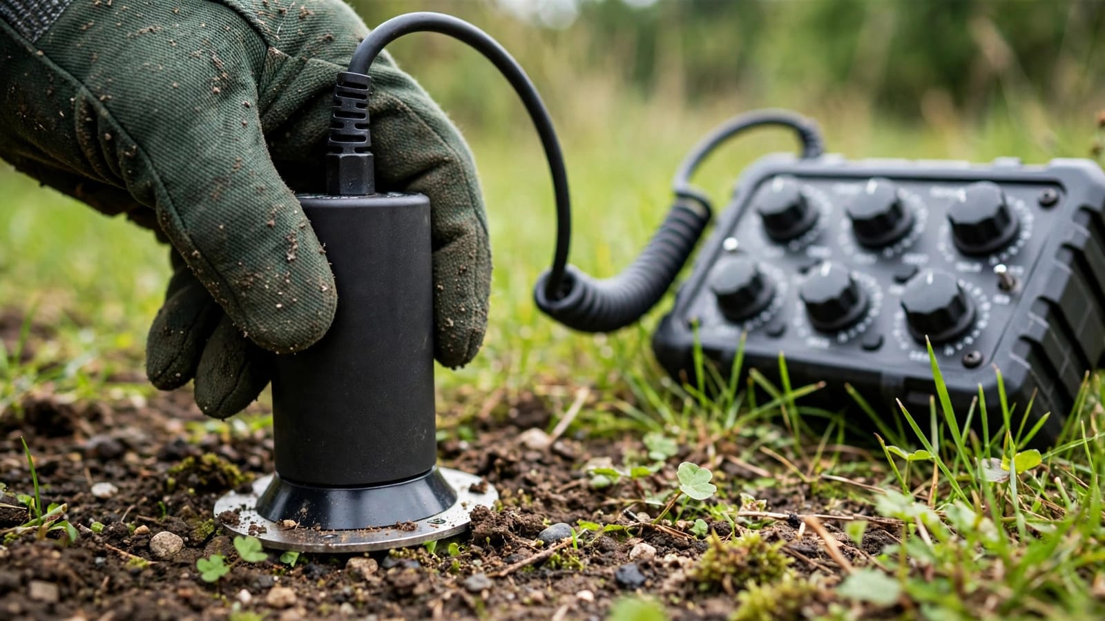 Professional acoustic ground microphone pressed against soil to pinpoint a water leak