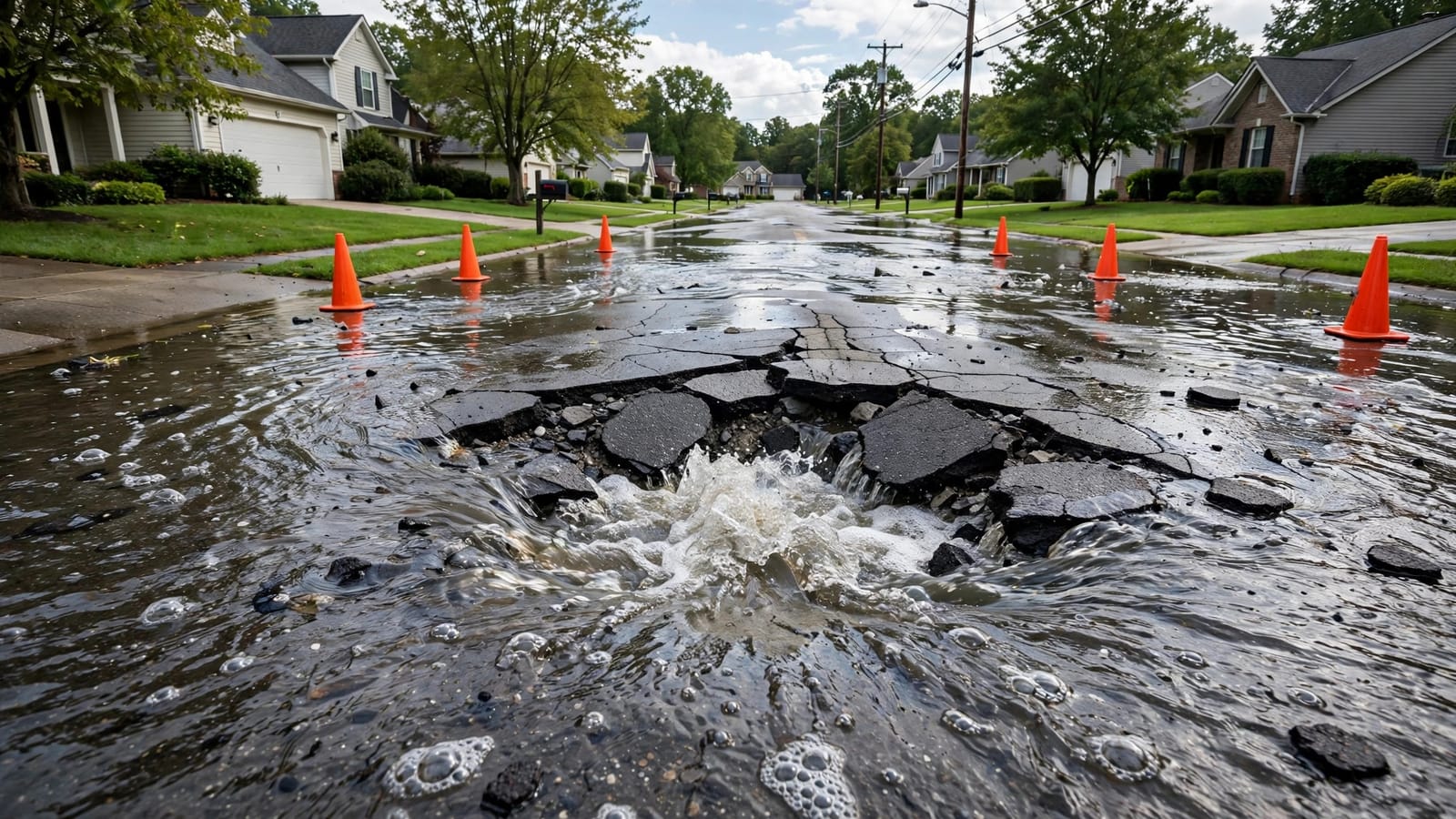 Street flooding from a burst water service line with traffic cones in place