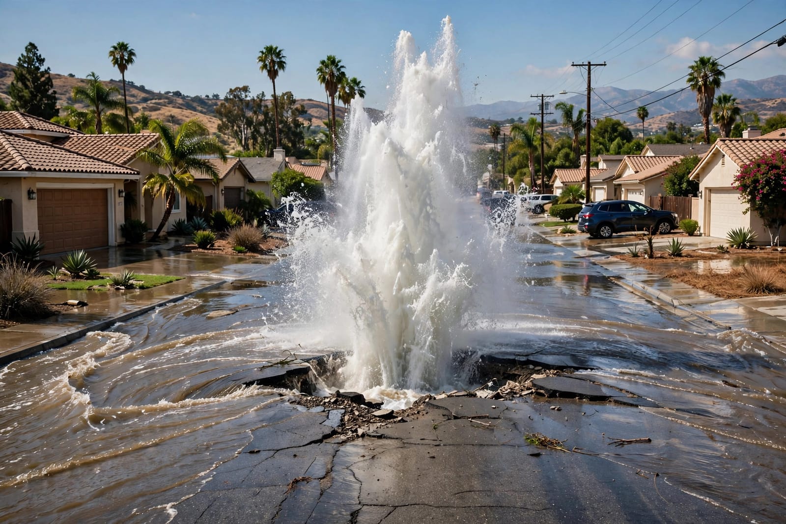 Water gushing from a broken underground service line flooding a residential street in Gardena, CA