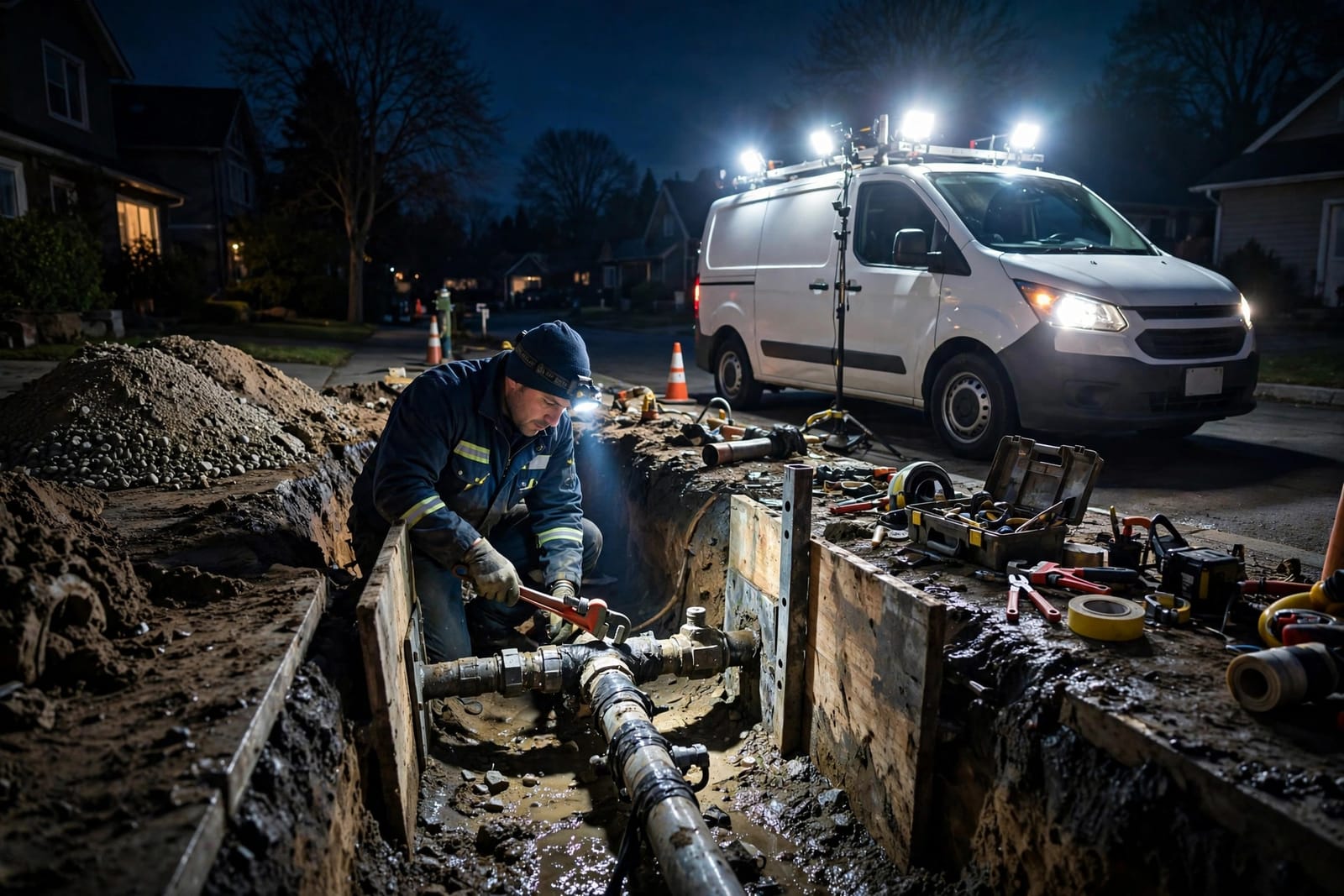Emergency water line repair at night with a technician working in an illuminated trench