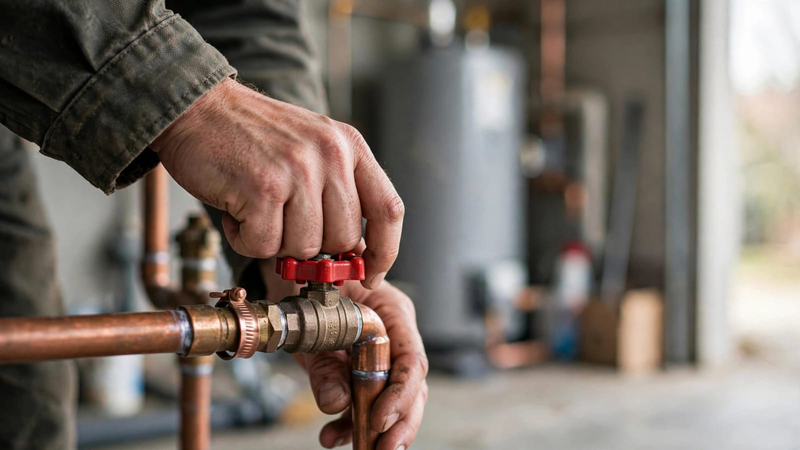 Hands turning a red-handled main water shutoff valve inside a garage in Gardena, CA