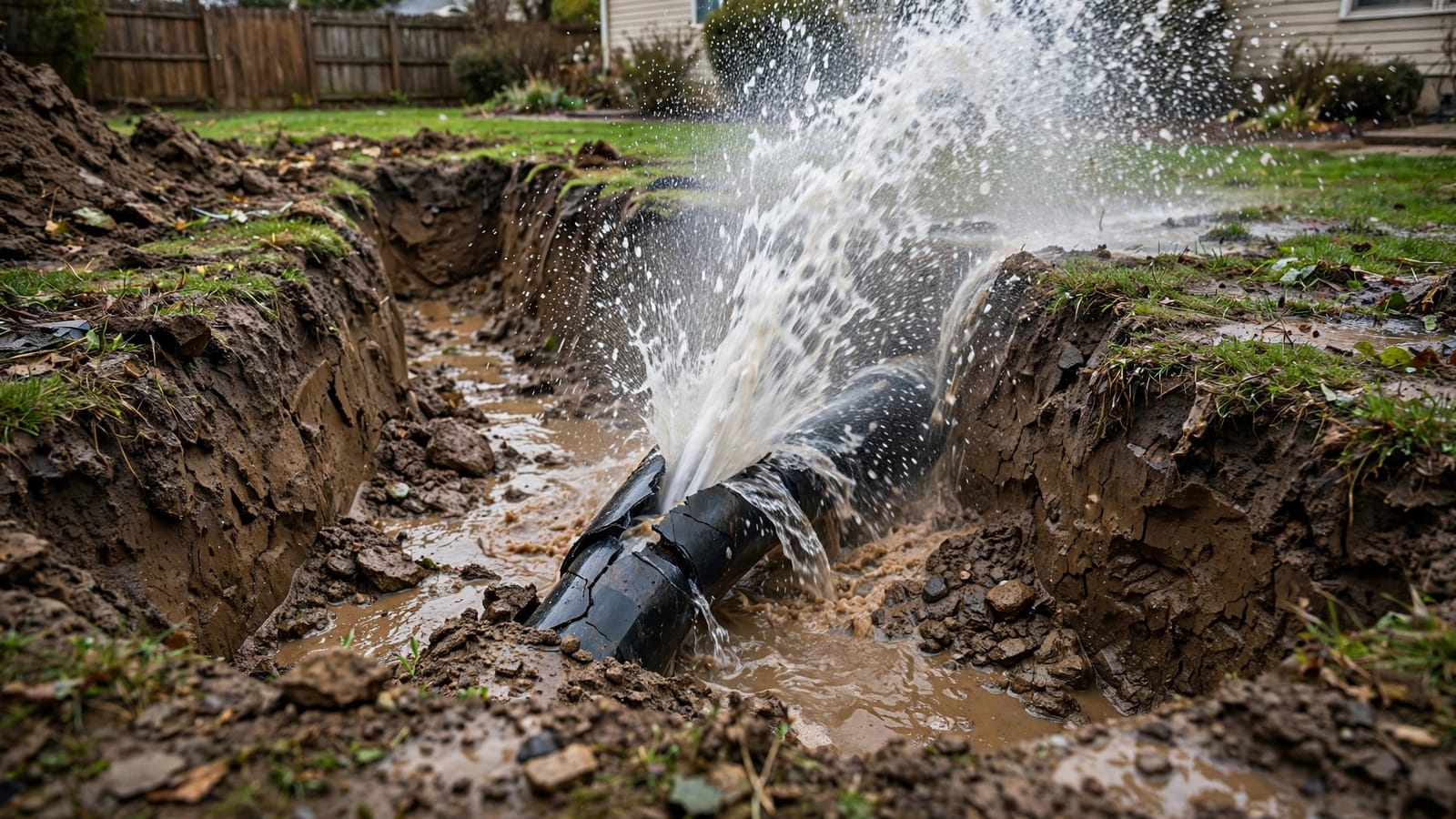 Water spraying from a cracked buried water service line in an open trench