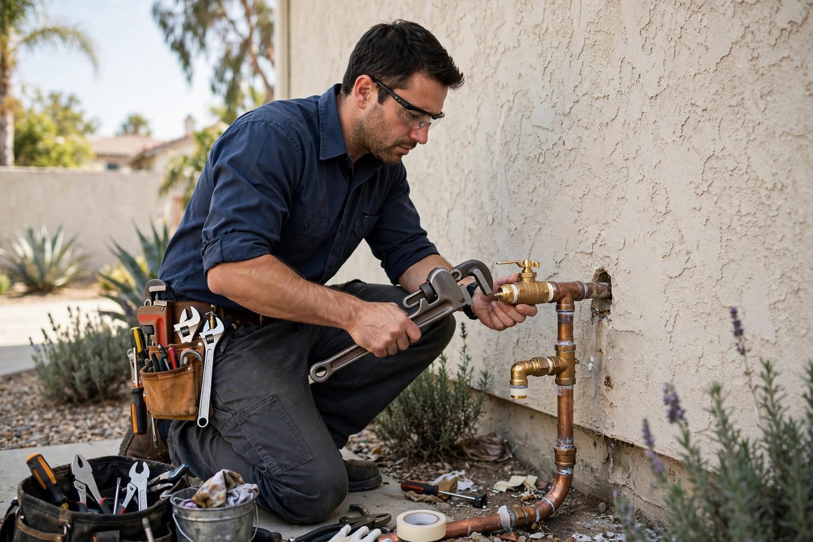 Technician replacing the brass main water shutoff valve where the service line enters a Gardena, CA home