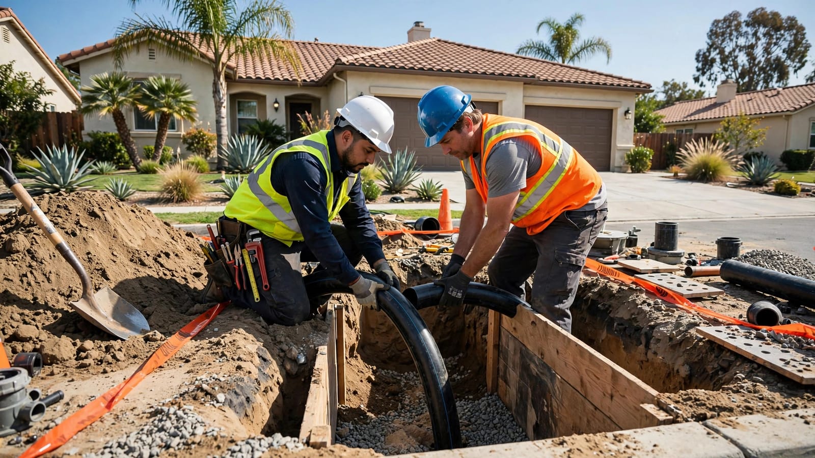 Two technicians lowering a new water service pipe into a trench in Gardena, CA