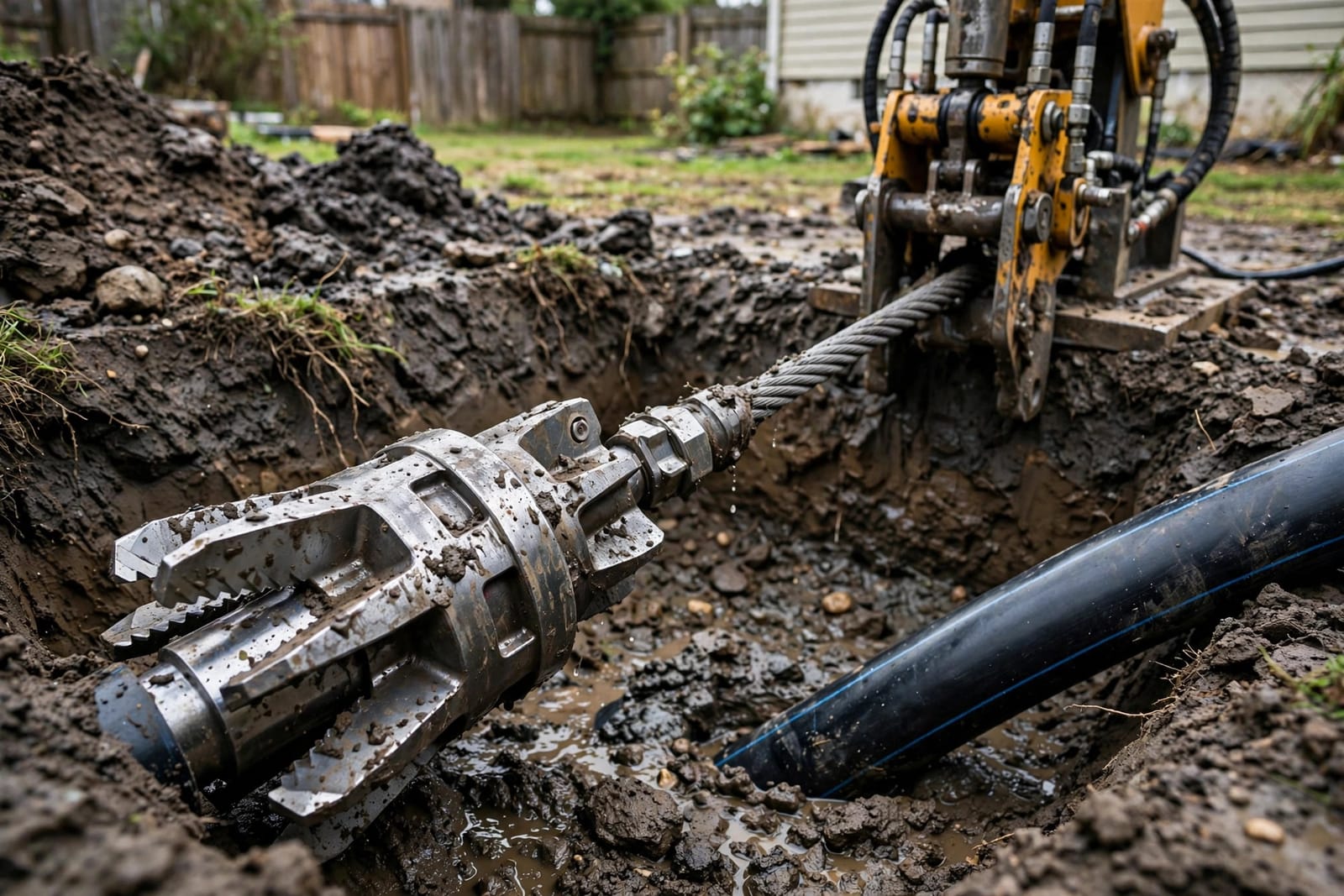 Trenchless pipe bursting head and hydraulic puller machine at a small excavation pit