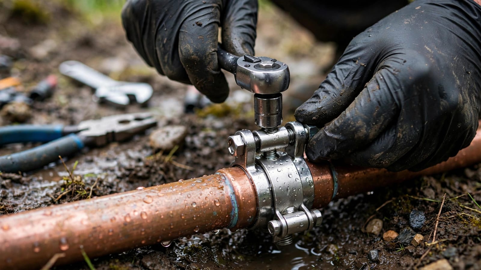 Close-up of a stainless steel repair clamp being tightened around a copper water line
