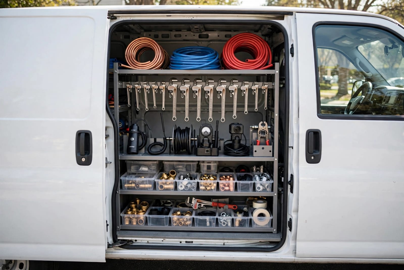 Organized plumbing tools and leak detection equipment inside a service van