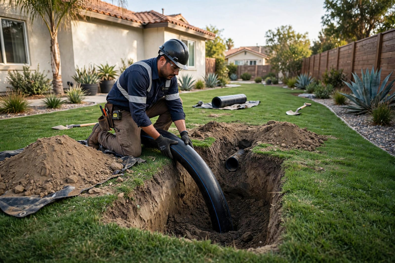 New HDPE water pipe being pulled underground by the trenchless method in Gardena, CA