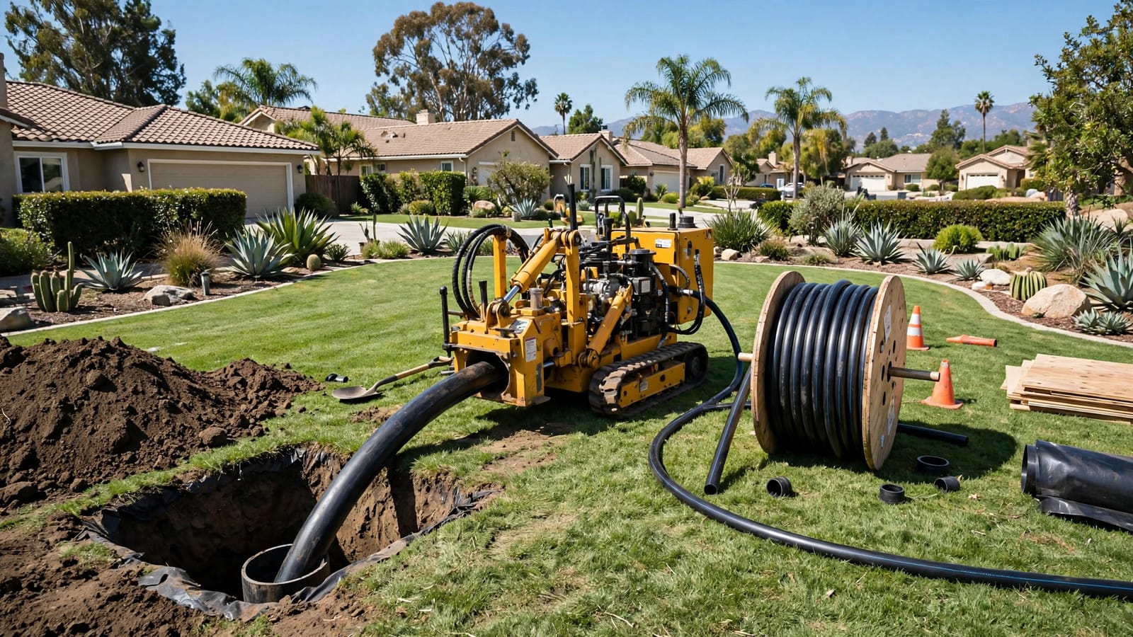 Trenchless pipe bursting water line replacement with minimal digging in a Gardena, CA yard