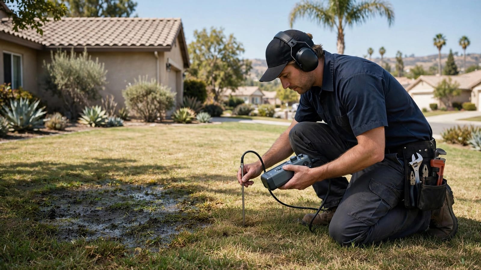 Technician using acoustic leak detection equipment on a residential lawn in Gardena, CA