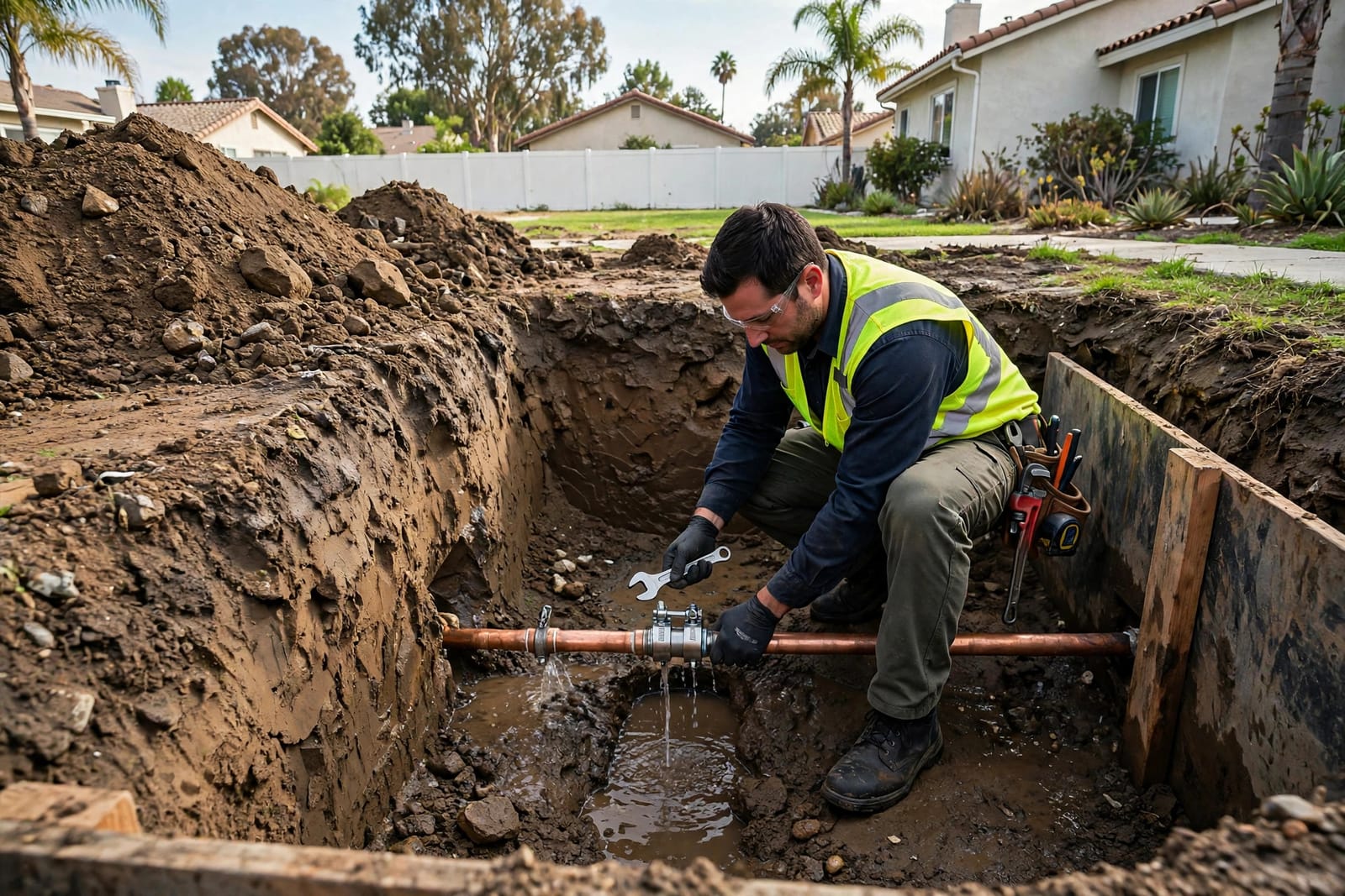 Technician installing a repair clamp on a leaking copper water service line in Gardena, CA