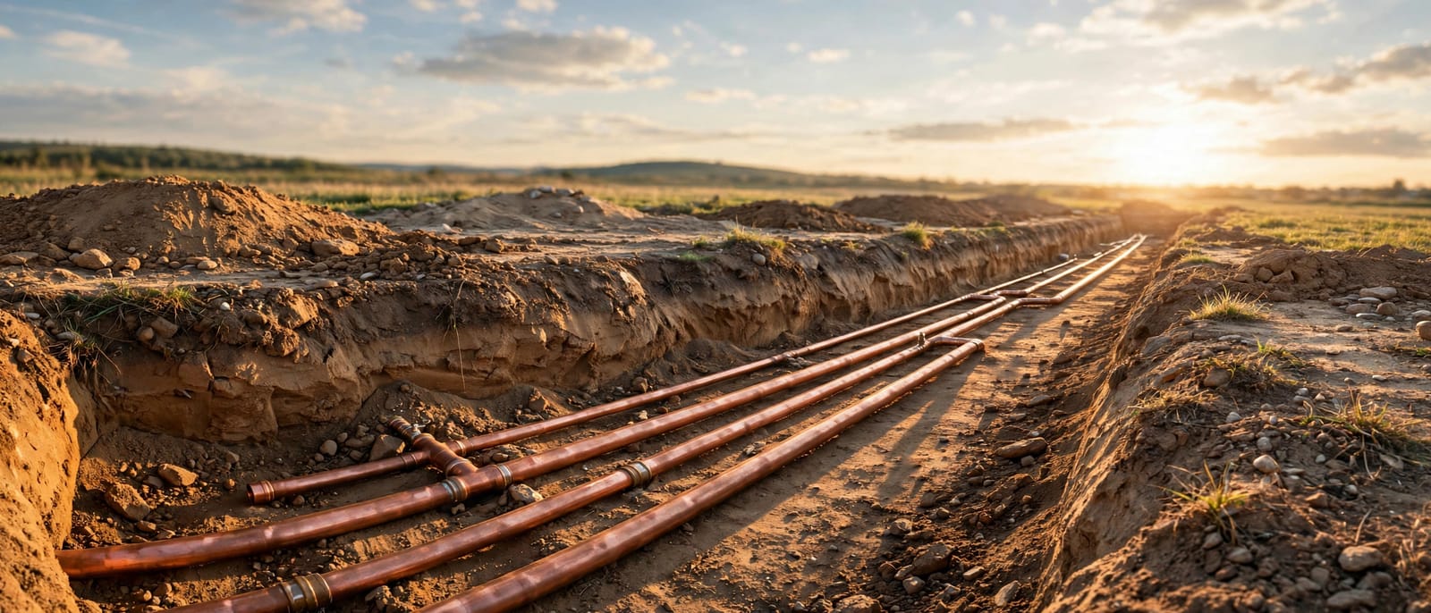 Copper water pipes in an open trench at sunset during a water line repair in Gardena, CA
