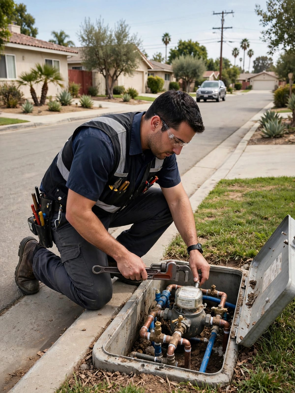 Plumbing technician inspecting a water meter box with a pipe wrench in Gardena, CA