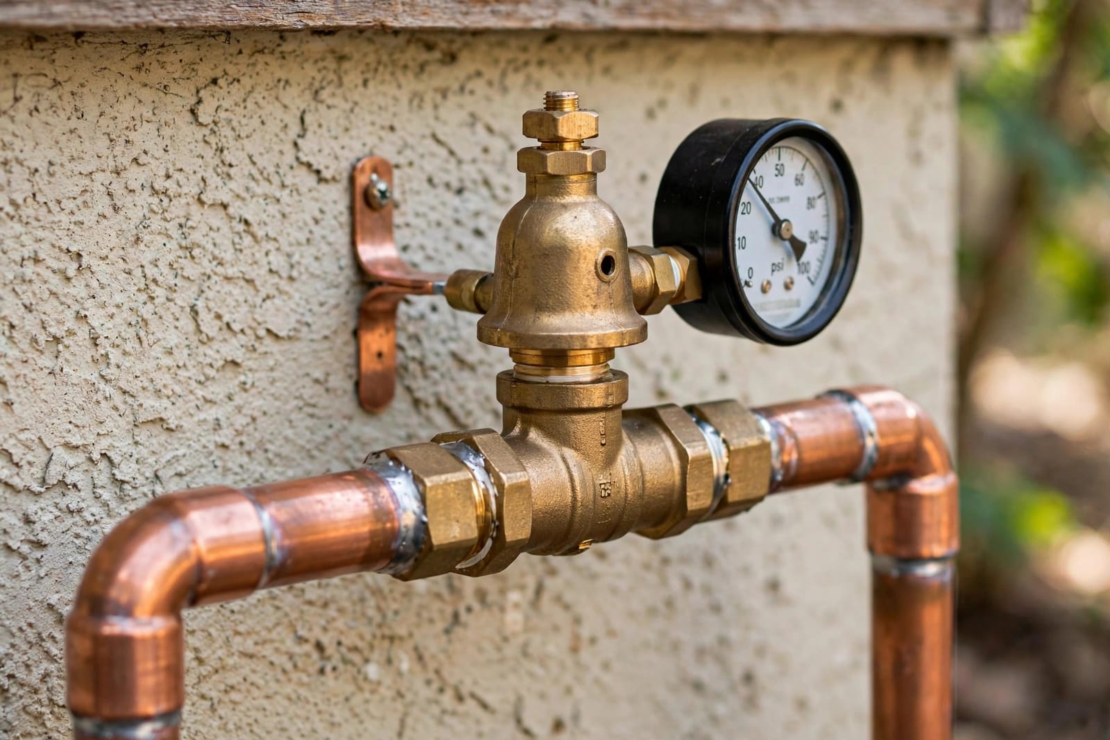Brass water pressure reducing valve with pressure gauge installed on a copper main water line