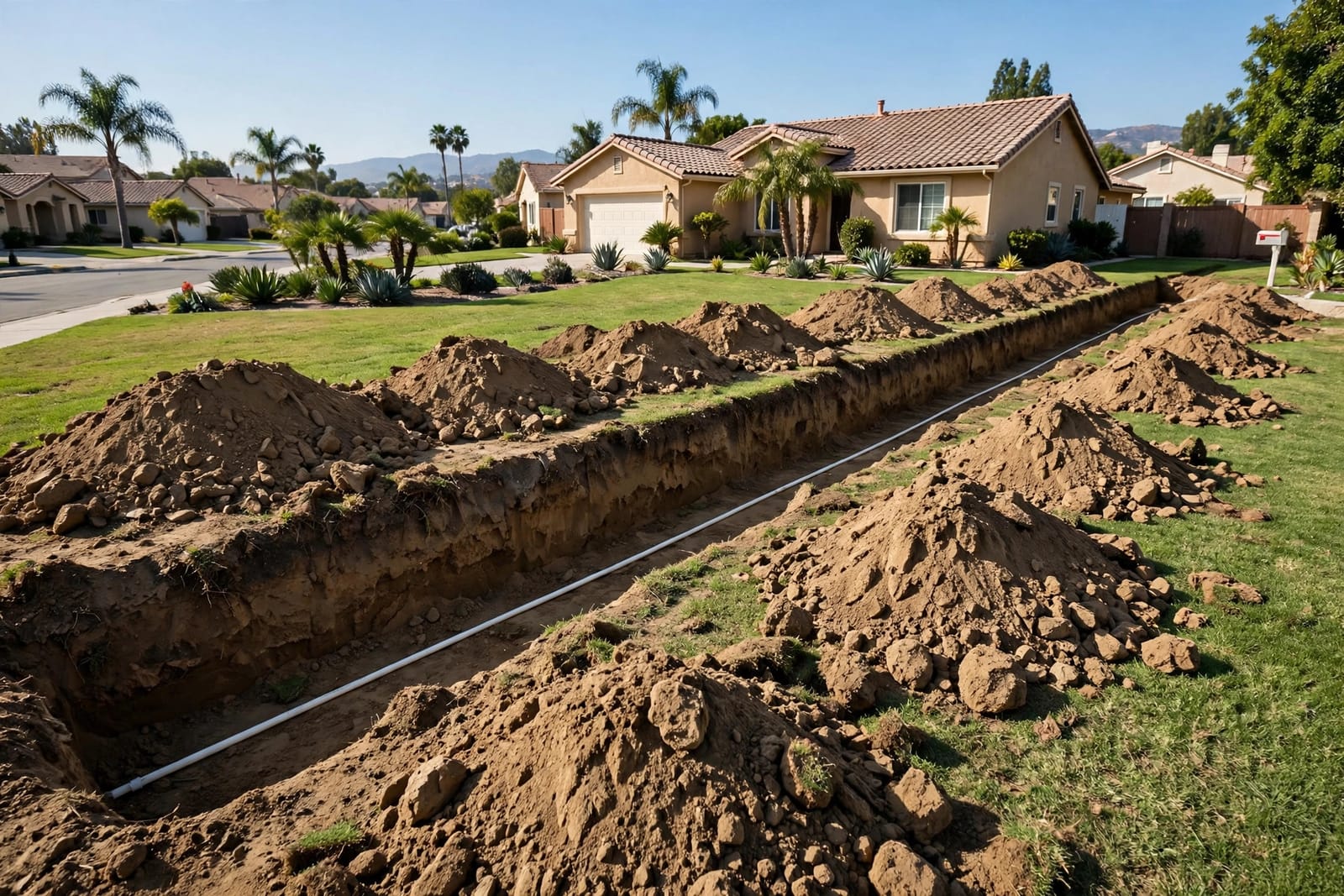 New water service line replacement being installed across a lawn in Gardena, CA