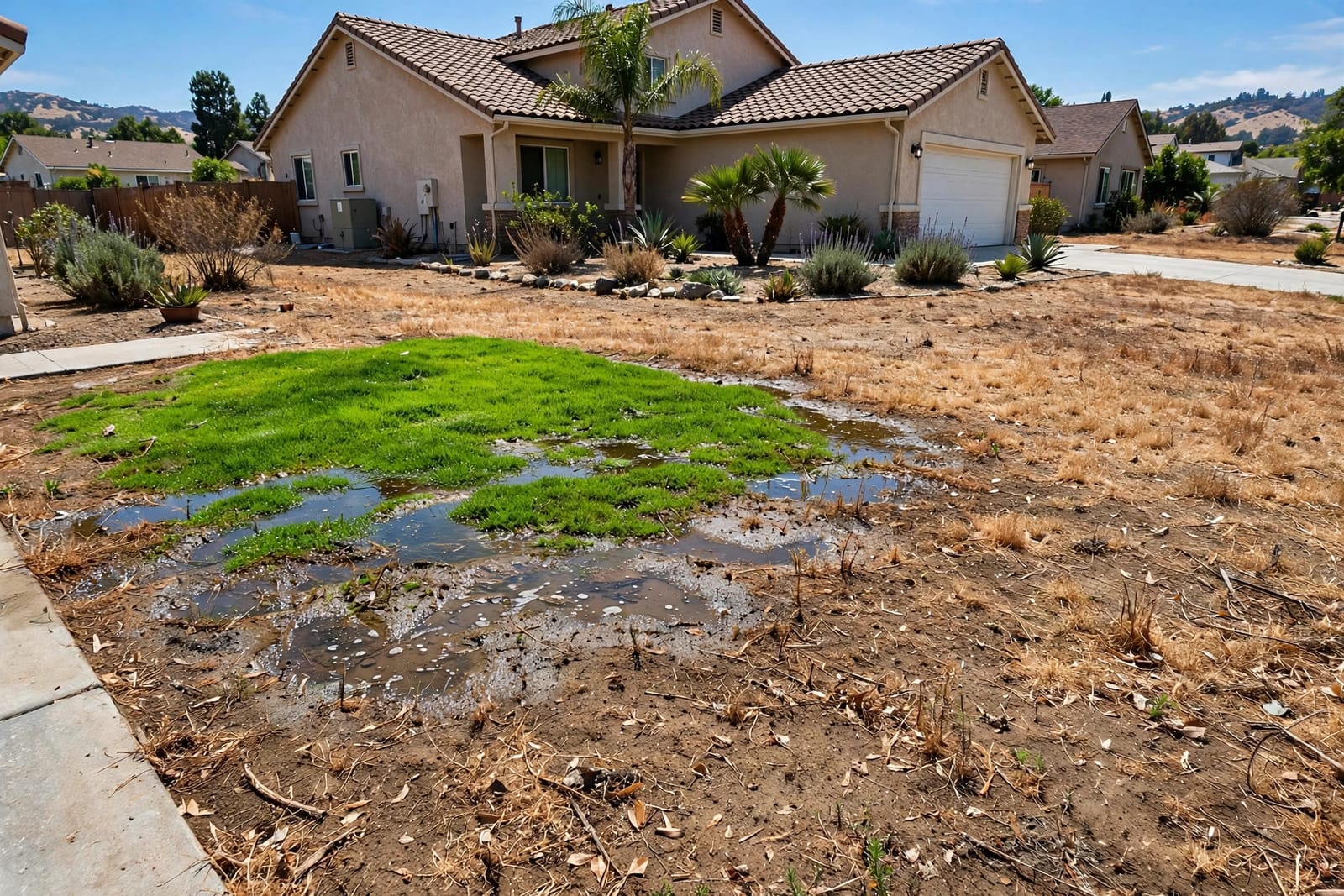 Soggy lawn patch signaling an underground water line leak at a Gardena, CA home